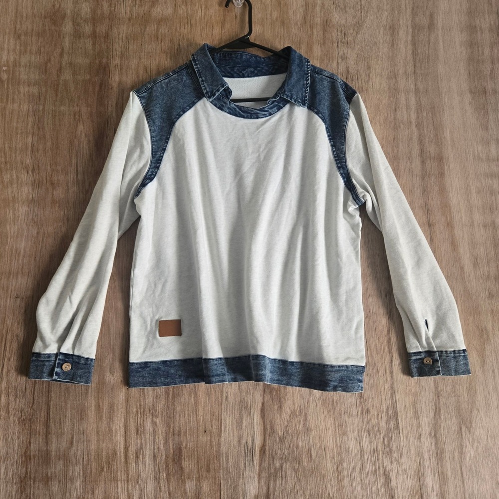 Womens Mixed Media Denim Trim Knit Top Long Sleeve Pullover Gray Blue Large